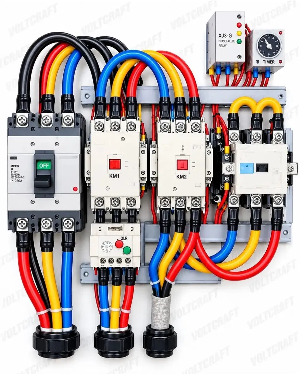 Motor control assembly with circuit breaker, contactors, overload relay, phase failure relay and timer